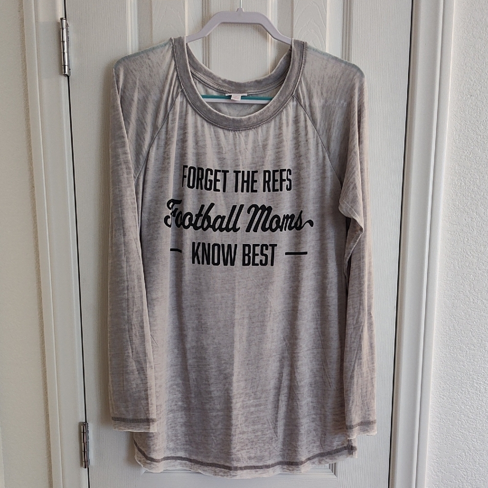 LuLaRoe Julie Light Gray Raglan Burnout Long Sleeve Top Size Medium Football Mom